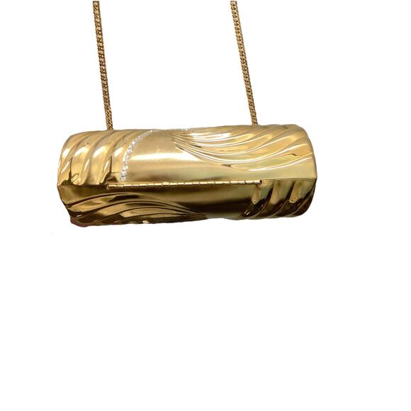 Great Women’s Evening Metal Cylinder Shoulder Bag Gold Tone With Gold Chain - Picture 5 of 10